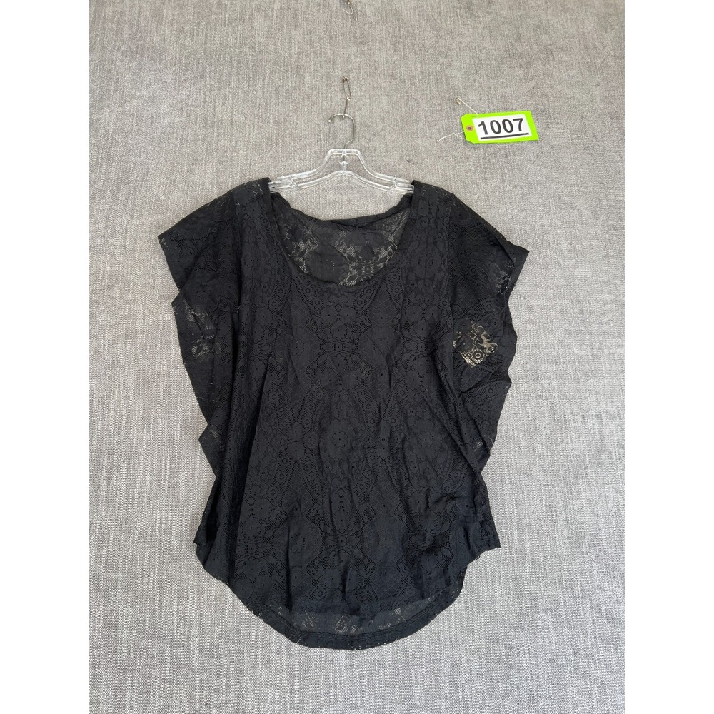 Womens Peasant Top Small Black Floral Lace Sheer Overlay Short Sleeve Bohemian